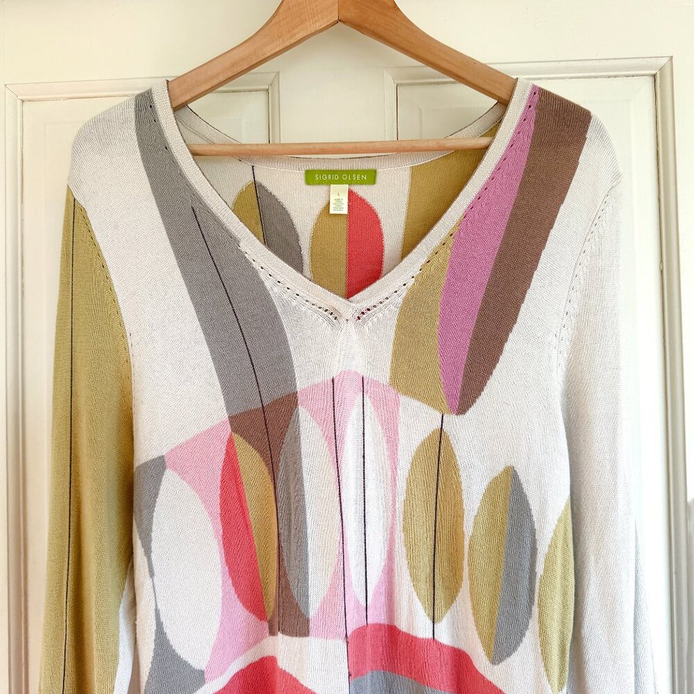 Sigrid Olsen lightweight mid-century pattern V neck silk sweater L